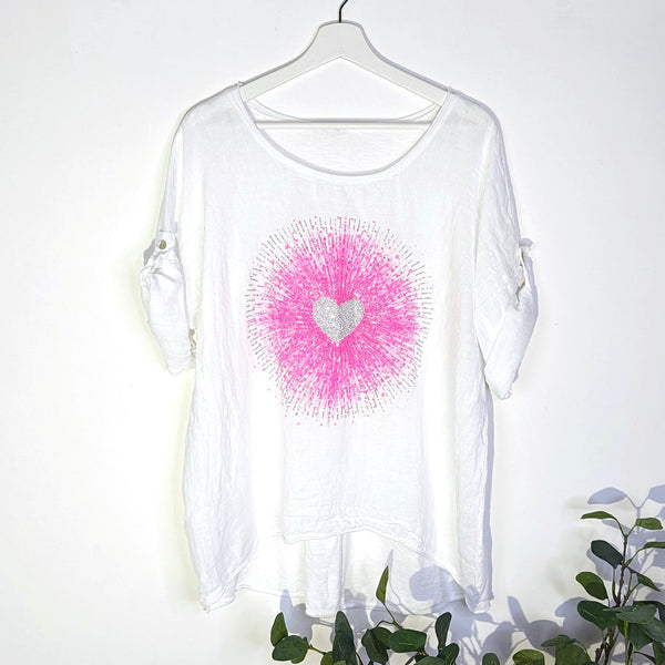 Heart burst print with crystals linen front jersey back top (S-M)