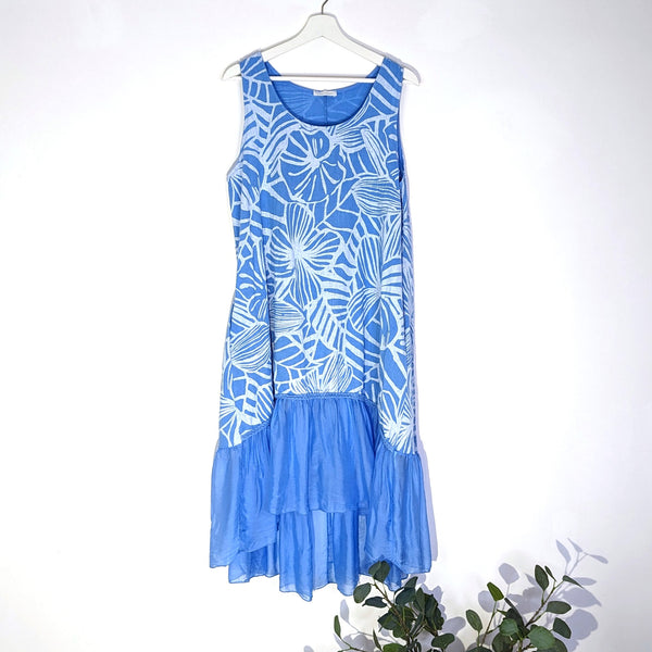 Hi-lo sleeveless flower print linen dress with silk hem and plait detail with pockets (M-L)