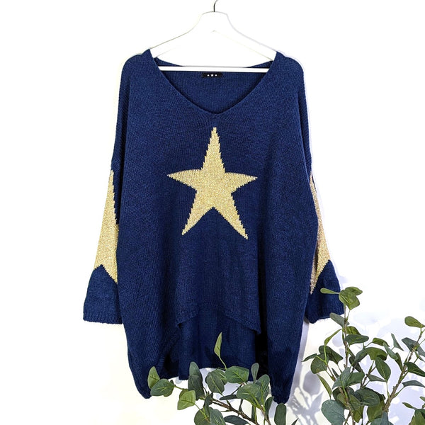 Golden knitted star hi-lo V-neck jumper (L)