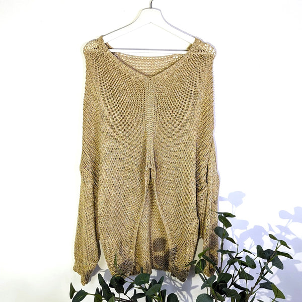 Hi-lo metallic knit slouchy jumper with central seam (O/S)