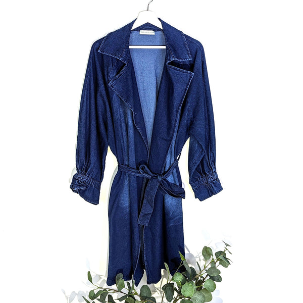 Long denim coat with lapels elasticated arms and belt
