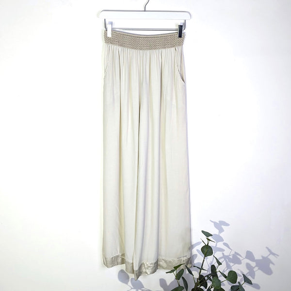 Straight leg elasticated waist viscose trousers with satin frill and pockets