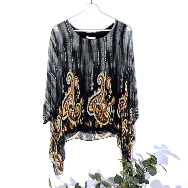 Paisley hem print free size silk mix top with water colour effect