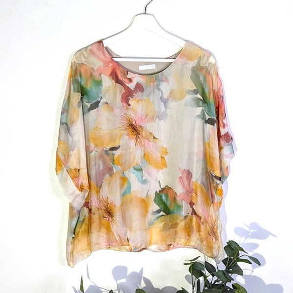 Silk blend free size short boxy top with subtle water colour flower digital print