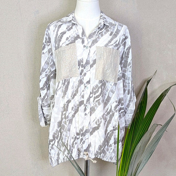 Tie-dye print viscose shirt with drawstring hem and subtle sequin pockets (M-L)