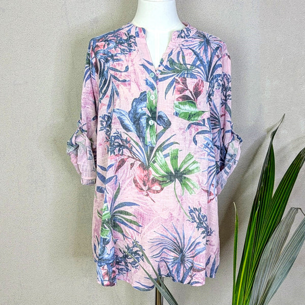 Collarless cotton shirt with palm foliage print (M)