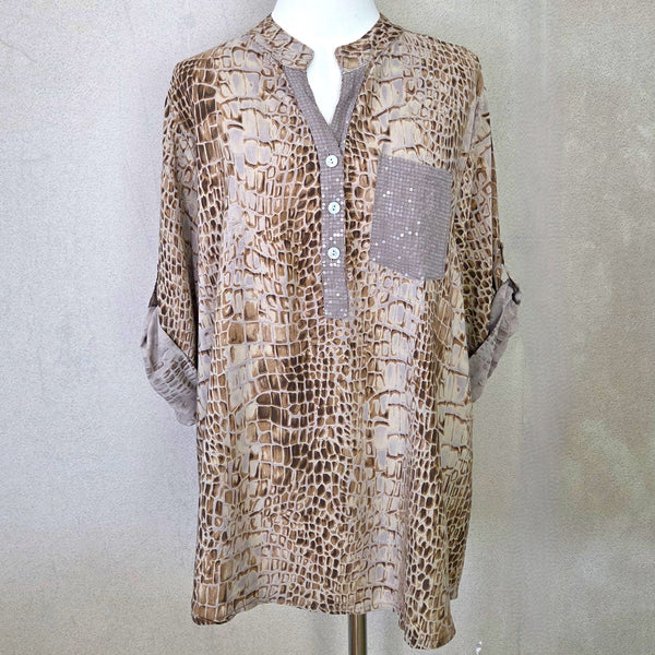 Jumbo snake print viscose shirt with subtle sequin pocket and neckline (M)