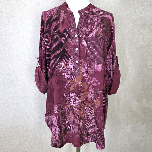 Snake fusion and foliage print viscose shirt with subtle sequin pocket (M)