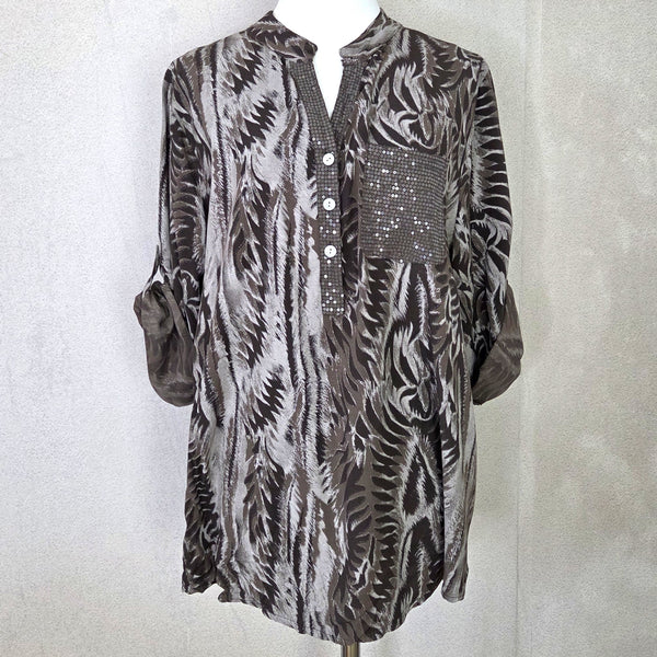 Zig Zag fur fusion print viscose shirt with subtle sequin pocket and neckline (M)