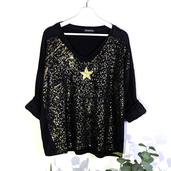 Super soft and warm V-neck top with star and spray gold hotprint