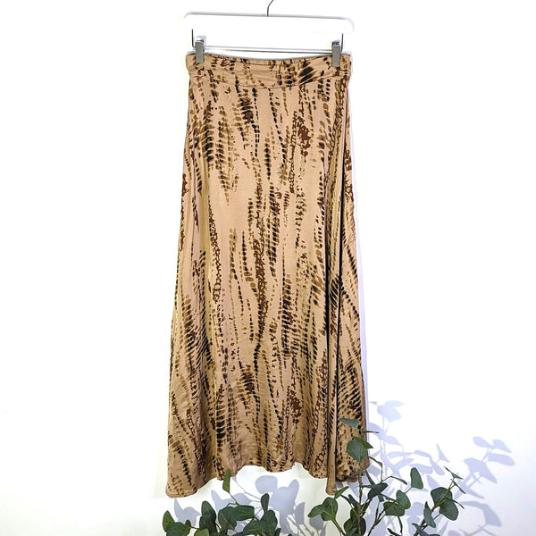 Contemporary vertical tie dye print satin feel skirt with half elasticated waist