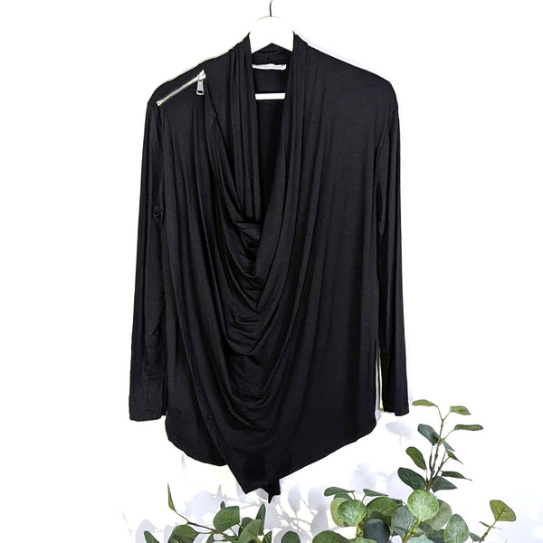 Long sleeve viscose top with draped front and zip side feature