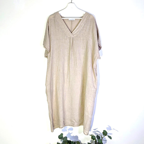 Linen tunic style dress with short sleeves and pockets (M-L)