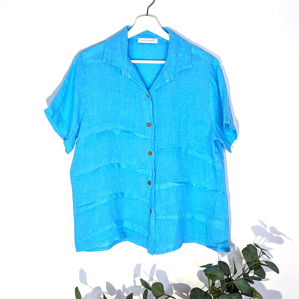 Button down short sleeve linen top with random horizontal pleat detail (S-M)