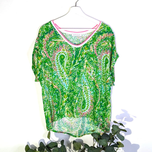 Paisley print top with short sleeve neon neckline (S-M)