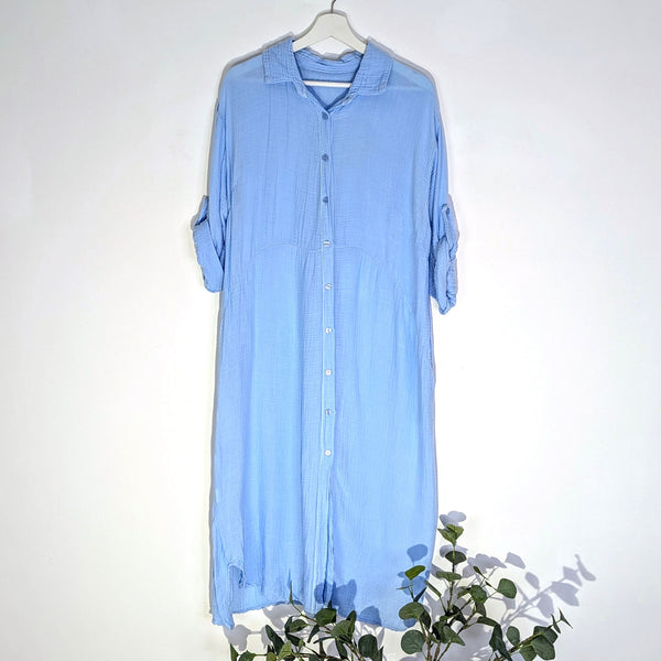 Waffle fabric long button shirt dress with roll up sleeves (M-L)