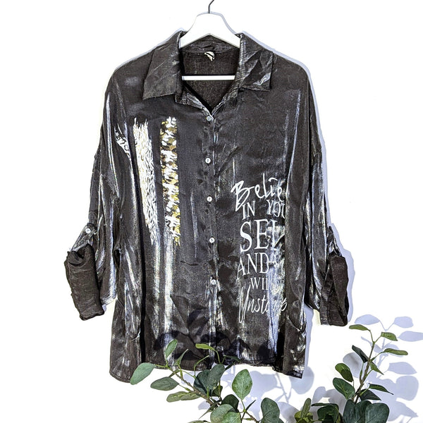 Stylish shiny fabric shirt with 'Believe In Yourself' and brushstroke motif (M)