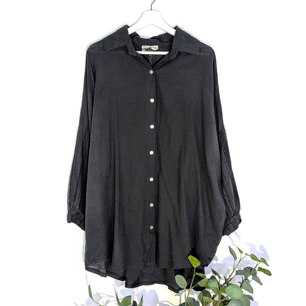 Cotton mix button down boho shirt with subtle sequin stripes (L)