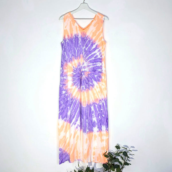 Long sleeveless cotton jersey tie dye Summer dress with front split, V-neck and back (M-L)
