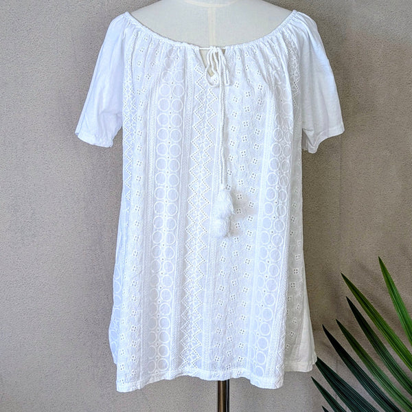 Embroidery anglaise front and jersey back boho style top with tassel tie (S-M)