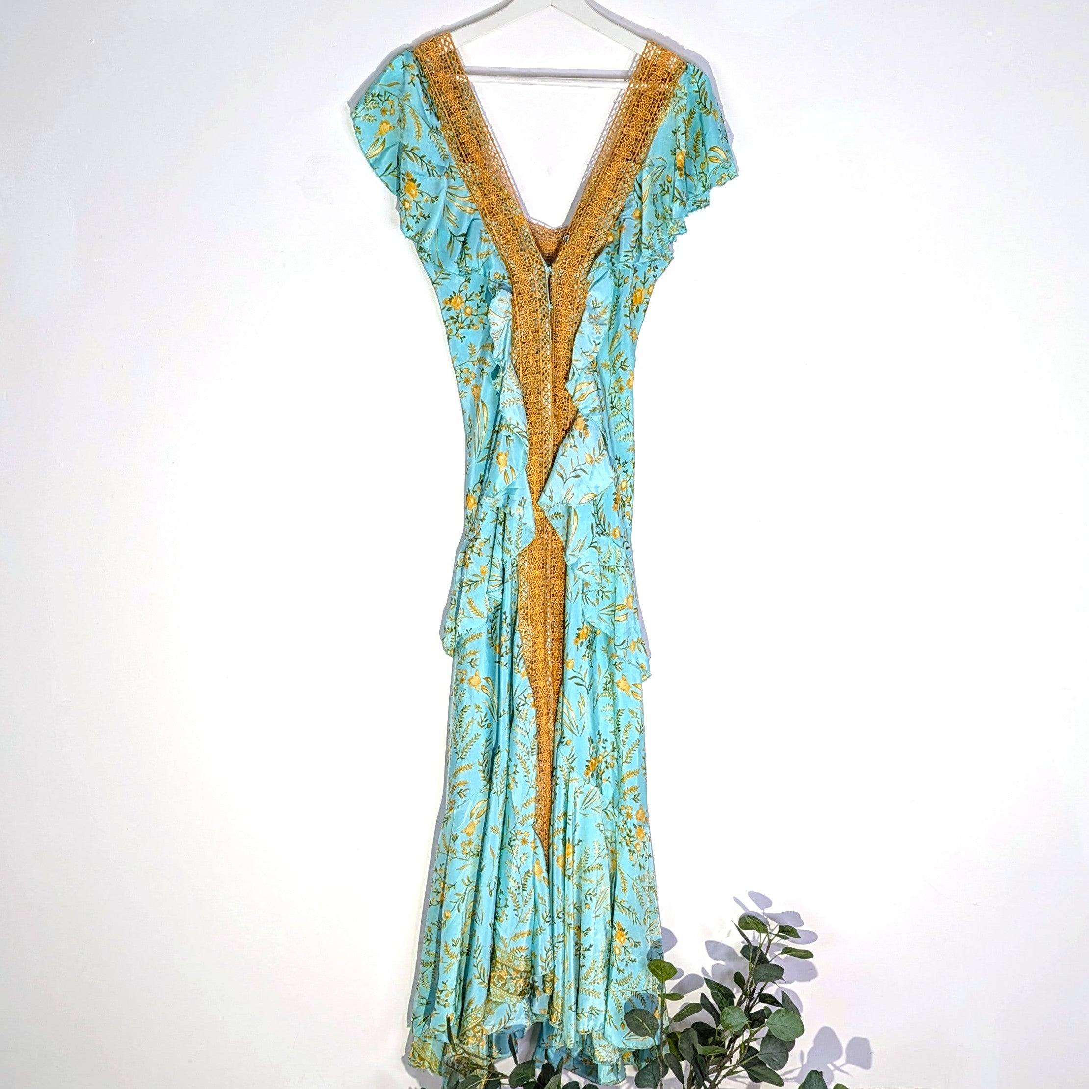 Pure silk floral print boho dress with crochet borders and ruffles (M ...