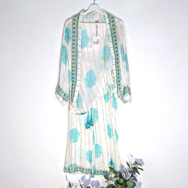 Luxury boho kaftan and trousers set with golden thread fabric and embroidery edging (M-L)