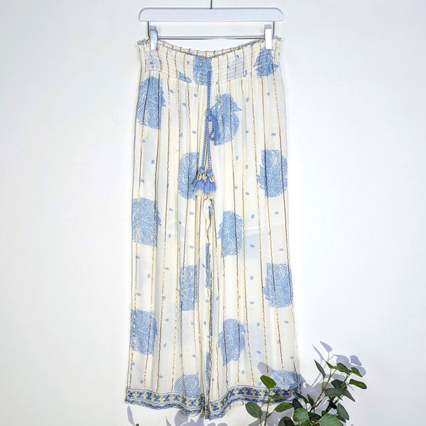 Luxury boho trousers with golden thread fabric and embroidery edging (M-L)