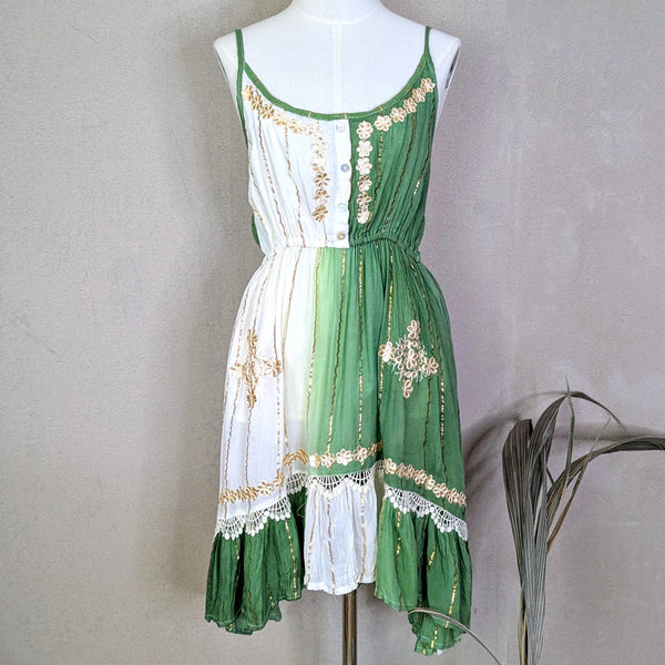 Viscose strappy boho dress made with fabric with subtle golden elements (M)