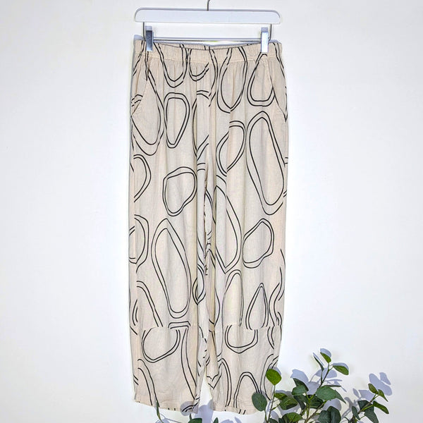 Pure linen relaxed style trousers with contemporary organic circle print and elasticated waist (M-L)