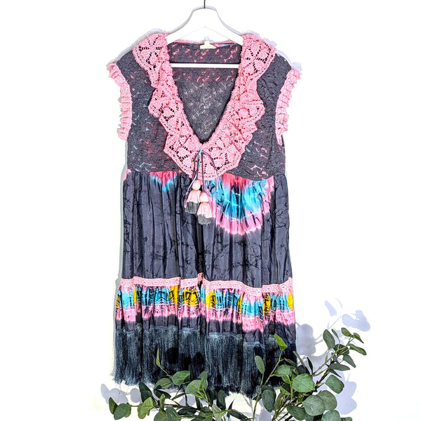 Pure silk tie die print dress with tassel hem and lace neckline (M-L)