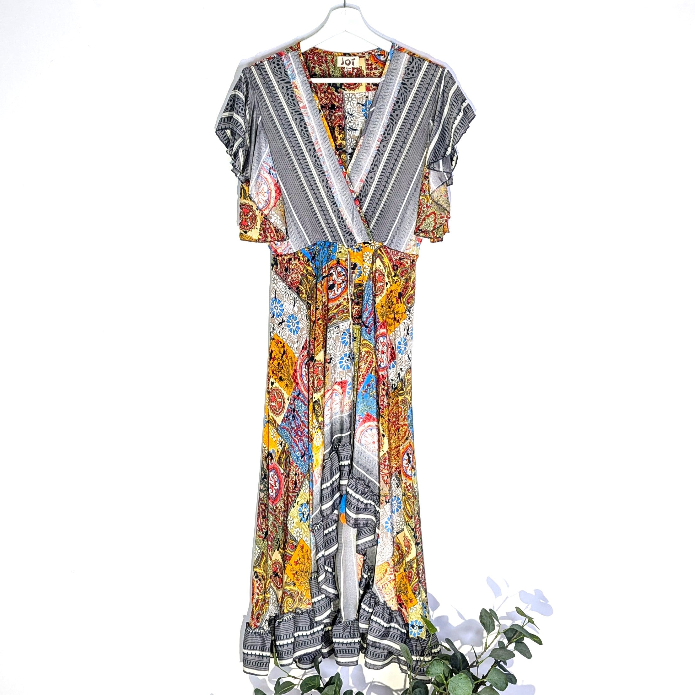 Pure silk hi-lo dress with paisley and stripe print and angel sleeves ...