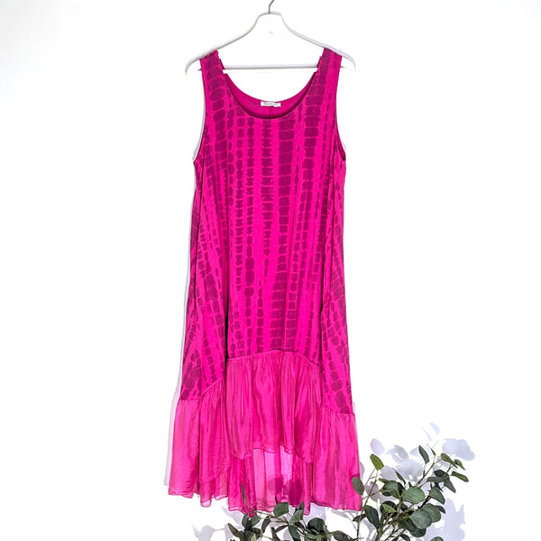 Sleeveless linen hi-lo tie dye print dress with silk blend ruffle hem