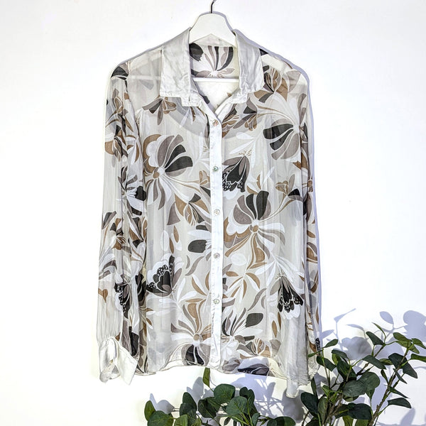 Silk blend flower and butterfly digital print shirt (M)