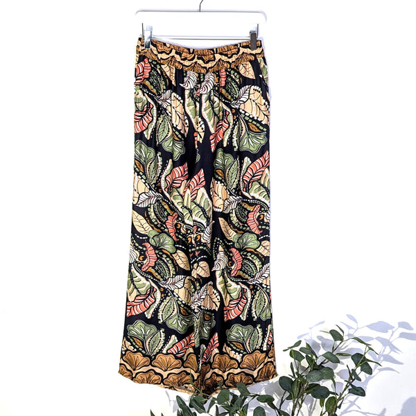 Batik style print straight leg viscose trousers with coloured border