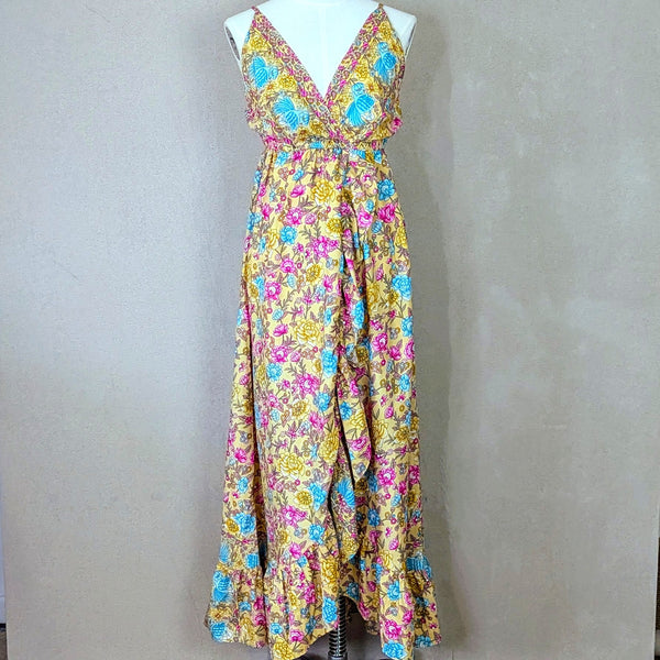 Pure poly silk strappy boho dress with open frill split and floral print fabric (S-M)