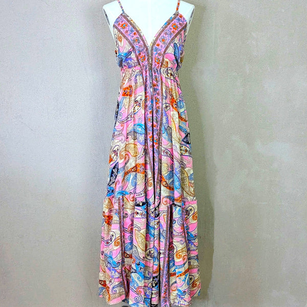 Strappy 80% silk paisley print dress with open back and lower tier (S-M)