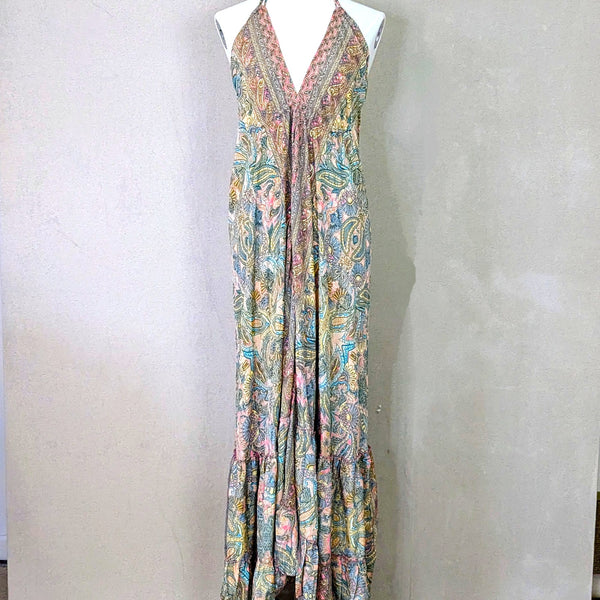 Strappy silk paisley dress with golden fabric with open back and frill tiered hem (S-M)