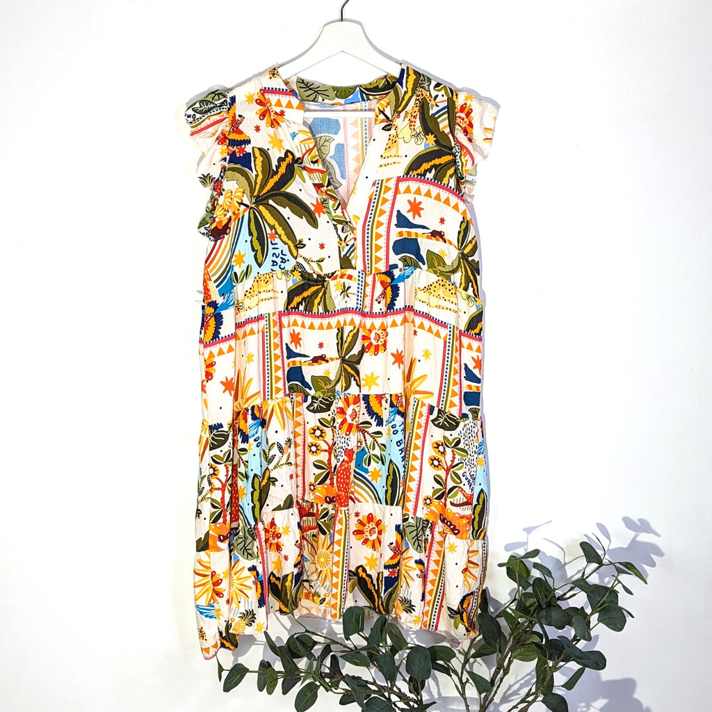 Tropical print boho style dress with open neckline and angel sleeves ...