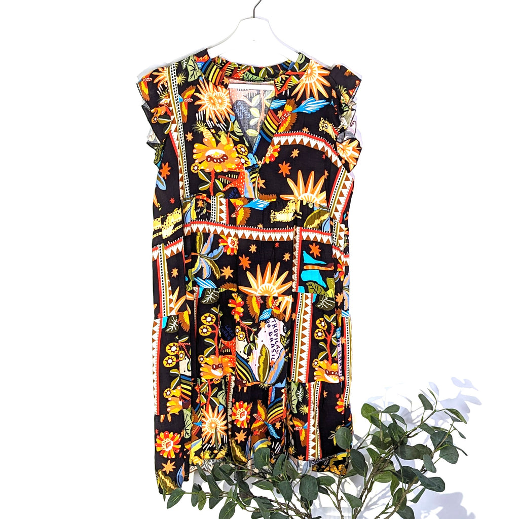 Tropical print boho style dress with open neckline and angel sleeves ...
