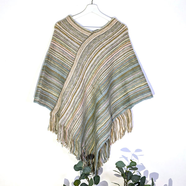 Navaho stripe natural poncho with part tassel edge