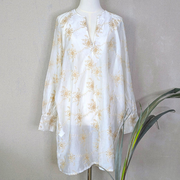 Sheer Tencel mix flower embroidery fabric longline tunic over top