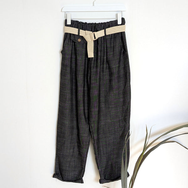 Rayon mix fabric trousers with woven belt and pockets
