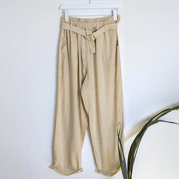 Linen viscose mix relaxed trousers with pockets and woven belt
