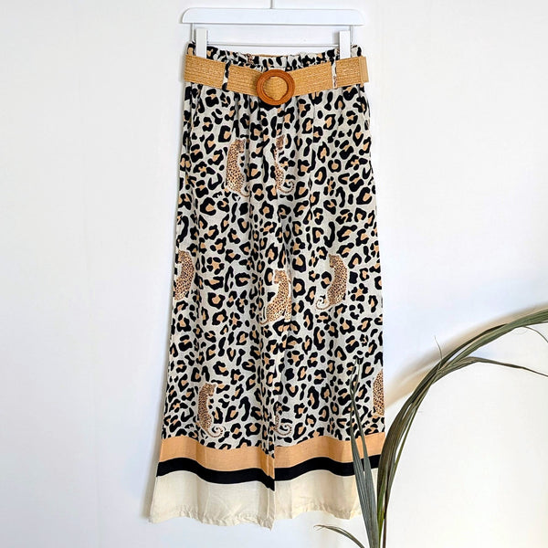 Linen viscose mix straight leg trousers with leopard within leopard print trousers with pockets and stretchy belt (M)
