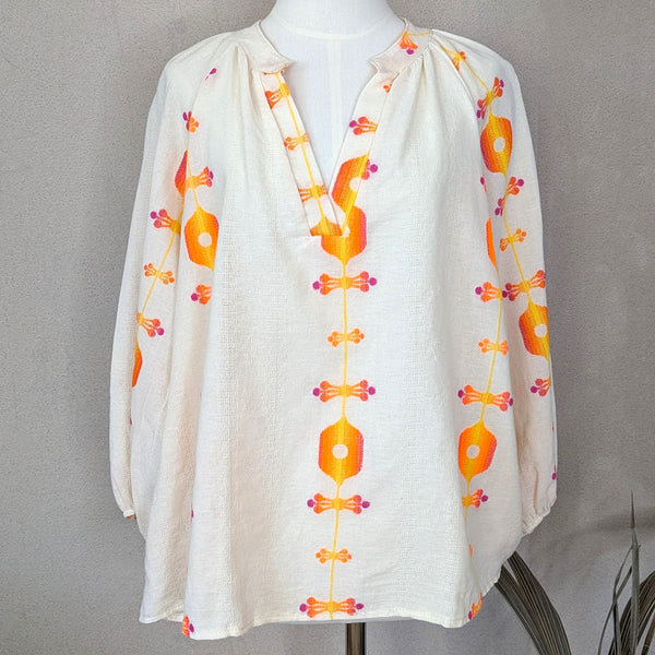 Cotton boho top with artisanal embroidery (M)