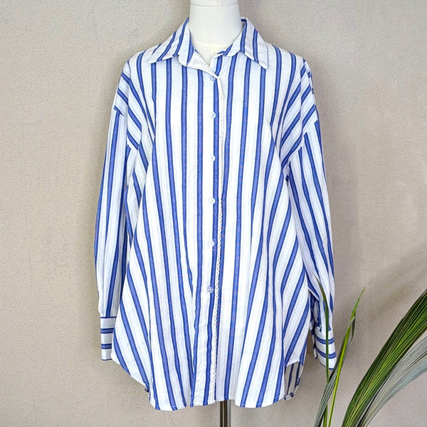 Substantial striped cotton shirt with lace detail on arms and button down section (M-L)