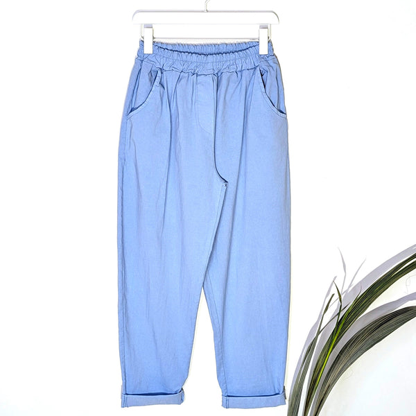 Relaxed super stretch vintage wash trousers with elasticated waist with front and back pockets