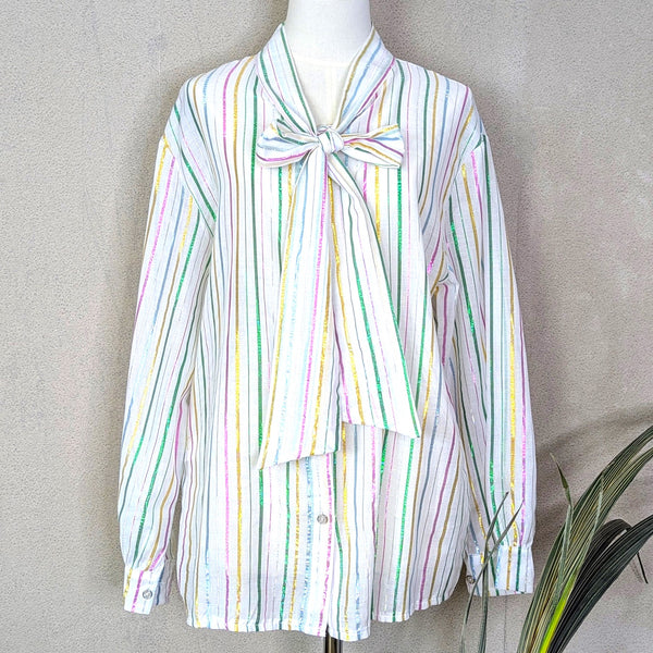 Cotton lurex mix shirt with pastel metallic stripe and tie detail (M)