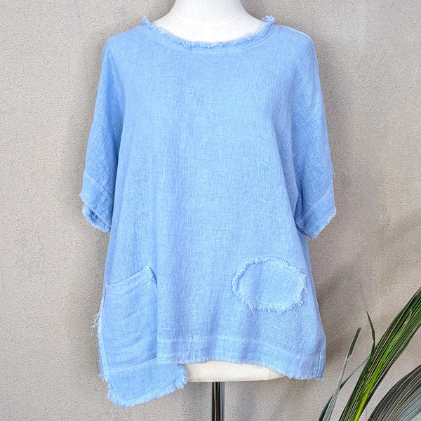Cotton linen mix vintage wash top with raw edge detail pocket and motif (M-L)