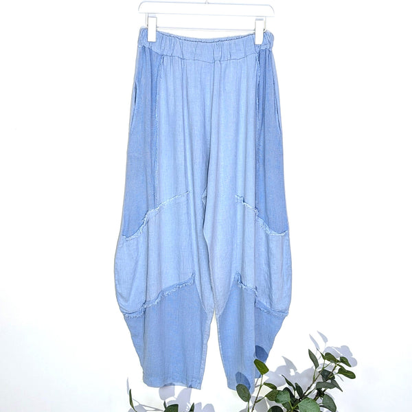 Vintage wash soft cotton flattering tapered trousers with raw edge elements and pockets (M-L)